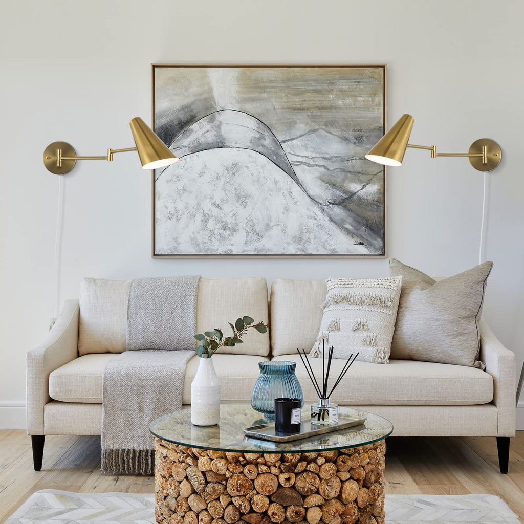 Plug in Wall Sconce Set of 2, Brass Swing Arms Wall Light Plug-in Wall Lamp Living Room Wall Lamp