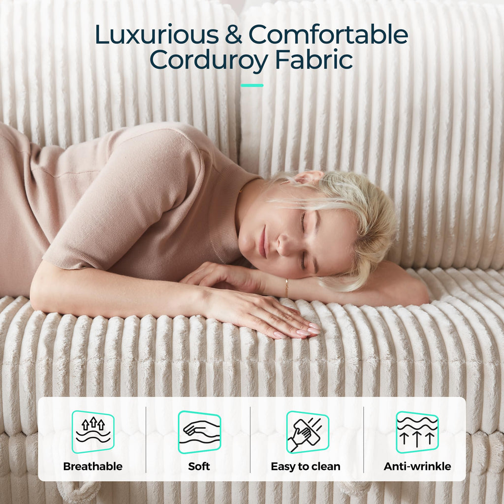 L Shaped Sectional Pull Out Couch, 6 Seats Corduroy Sleeper Sofa with Storage Chaise&Seat and Versatile Armrest, 106"