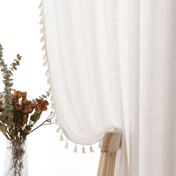 Natural Boho Linen Curtains 84 Inches Long 2 Panels Cream Beige Semi Sheer Curtain Tassel Rod Pocket Back Tab Light
