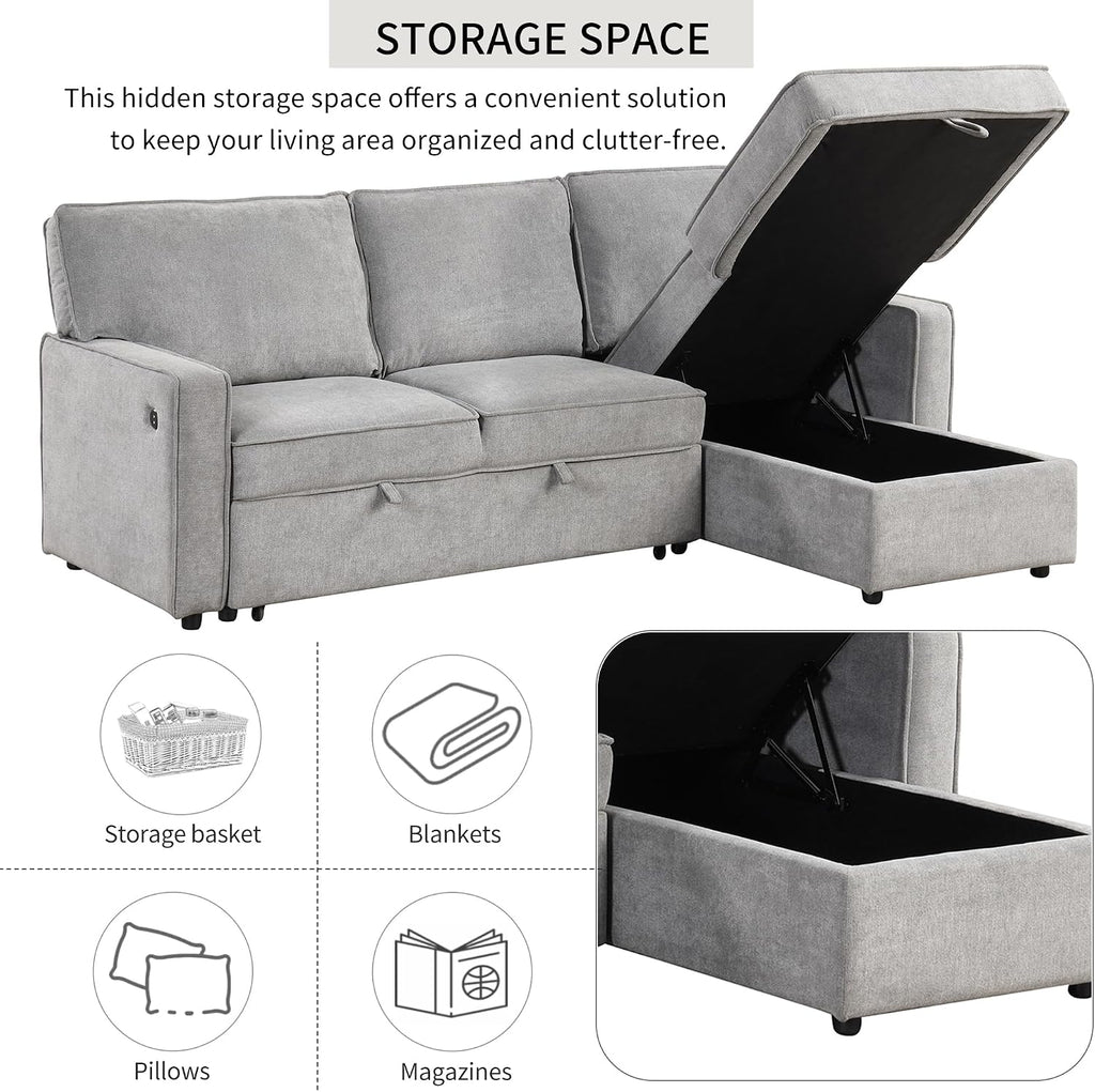 89" Convertible L-Shaped Sleeper Sofa Bed with Storage Chaise, Gray | Modern L-Shaped Sectional Pull Out Couch
