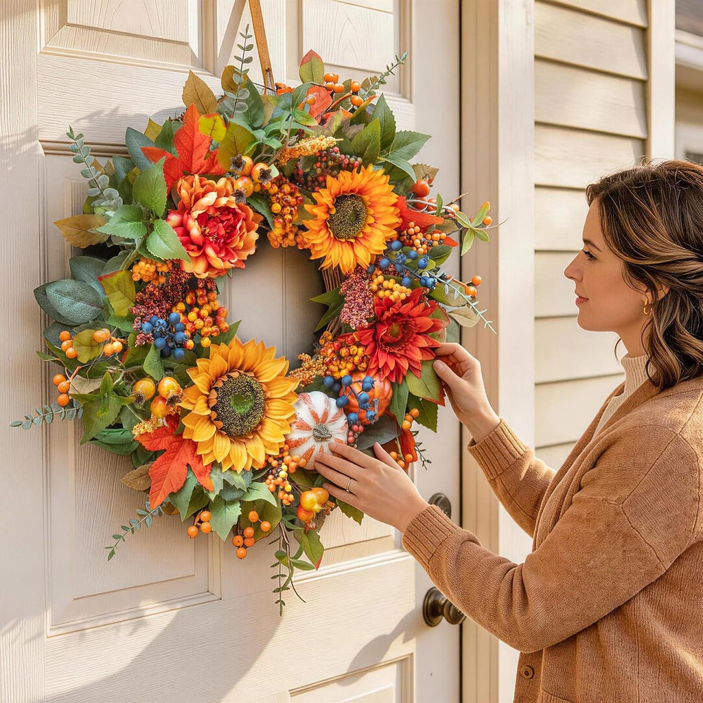 24 Inch Harvest Fall Wreaths for Front Door Outside with Sunflowers