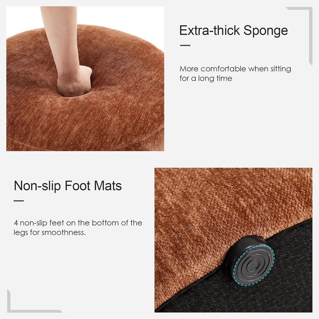 Upholstered Round Pouf Ottoman, Modern Footstool, Orange-Brown | Small Chenille Footrest with Soft Padded Seat & Wood