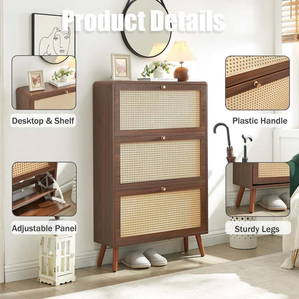 Rattan Shoe Cabinet with 3 Flip Drawers, Walnut Slim Shoe Storage