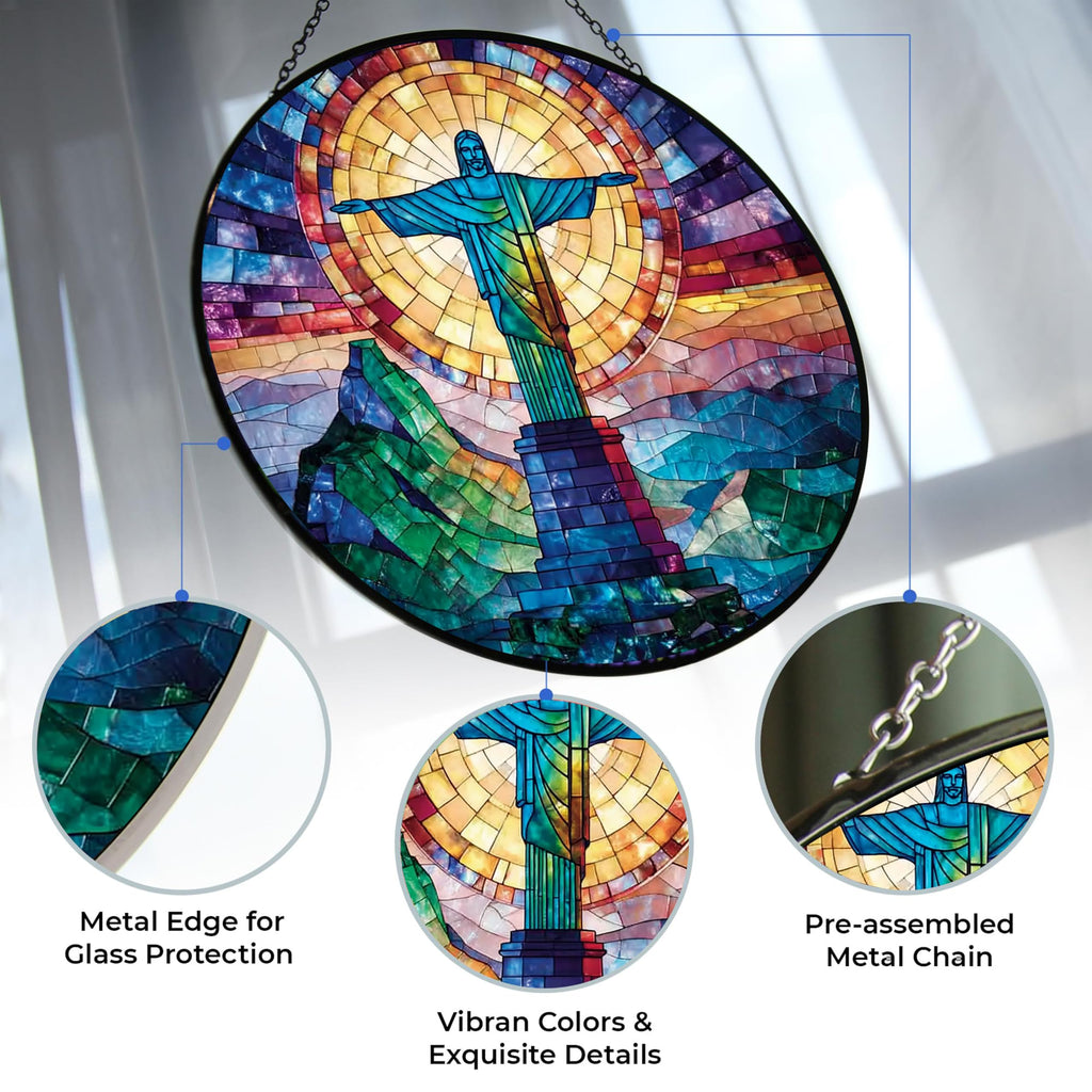 Christ The Redeemer Stained Glass Window Hanging Customized Suncatcher 12" Glass Panel with Metal Chain Sun Catchers