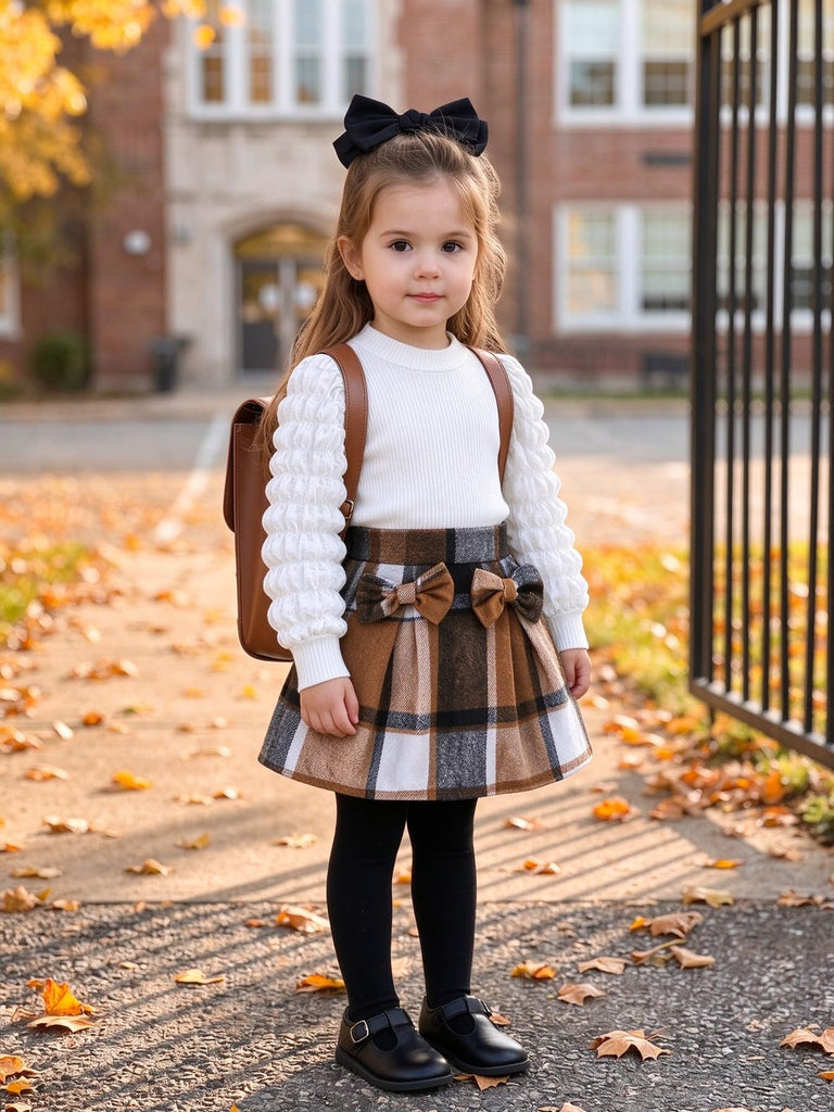 Toddler Girls Plaid Outfits Girls Puff Sleeve Knit Ribbed Shirt Tops Plaid Skirt Set Kids Fall Winter