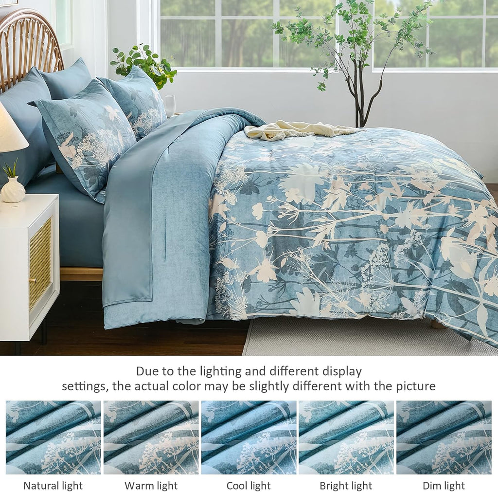 Blue Floral Comforter Set King, 7 Piece Dandelion Botanical Plant Comforter Bedding Set, Bed in a Bag King