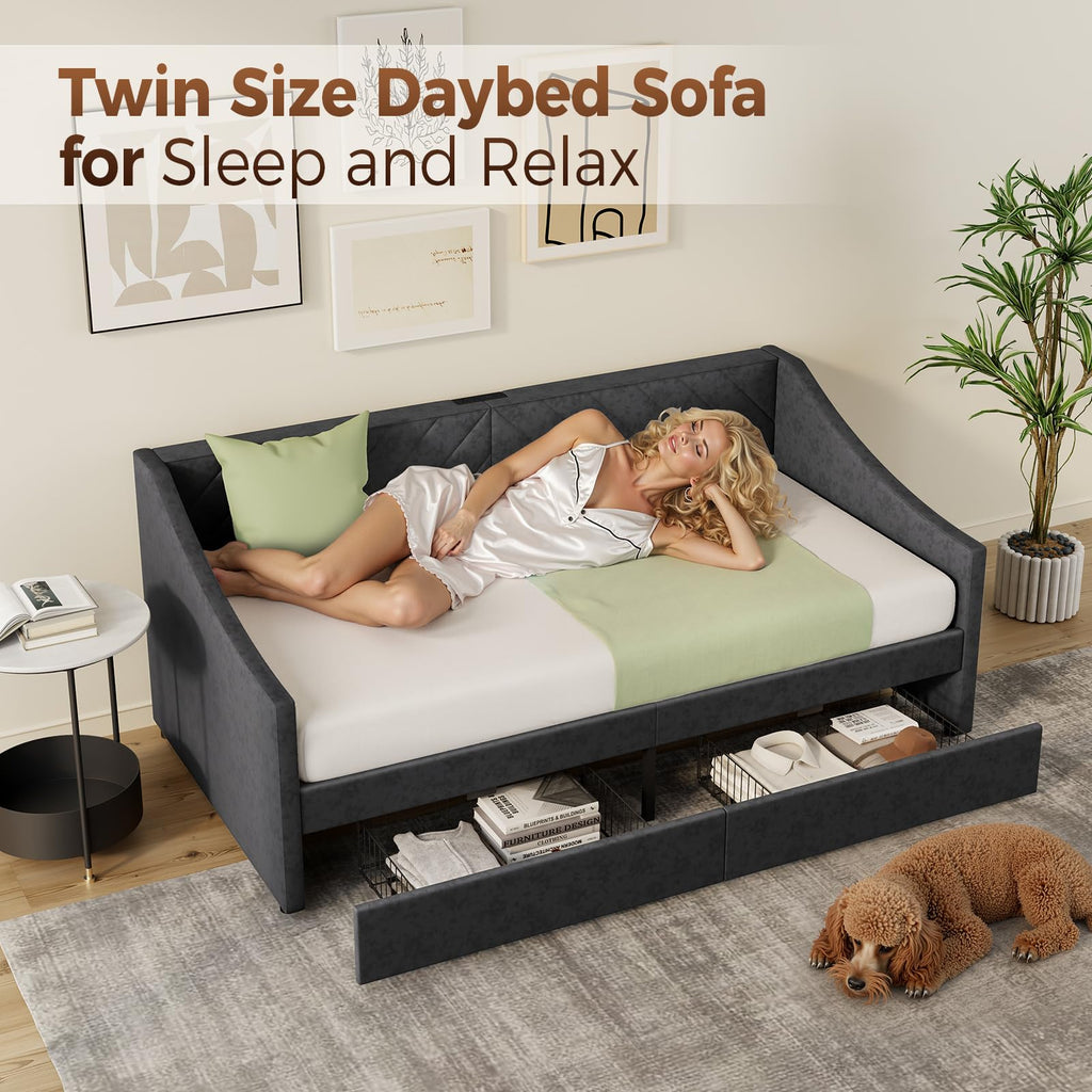 Twin Size Daybed with 2 Storage Drawers, Upholstered Daybed Frame with Charging Station, Heavy Duty Sofa Bed, No Box