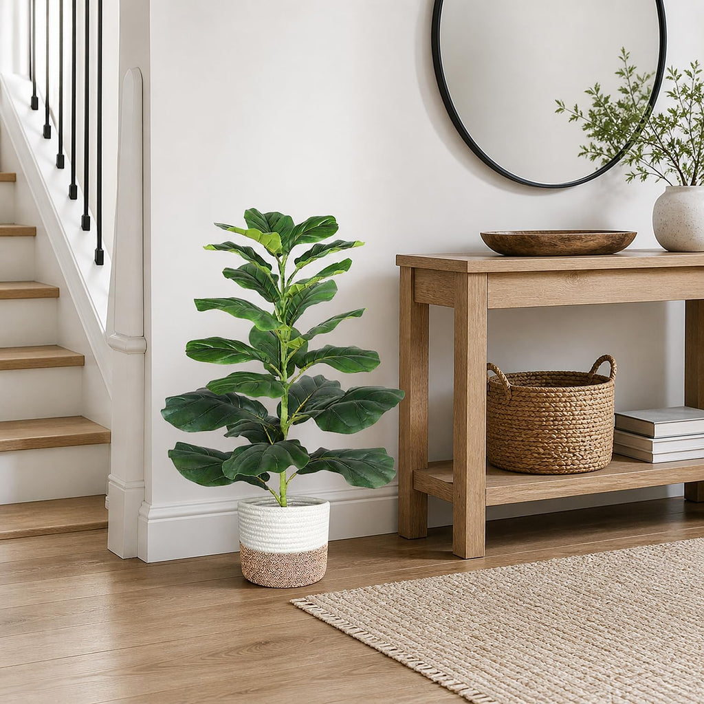 30" Artificial Fiddle Leaf Fig Tree, Realistic Fake Plants Faux Trees Indoor with Cotton Rope Basket, Artificial