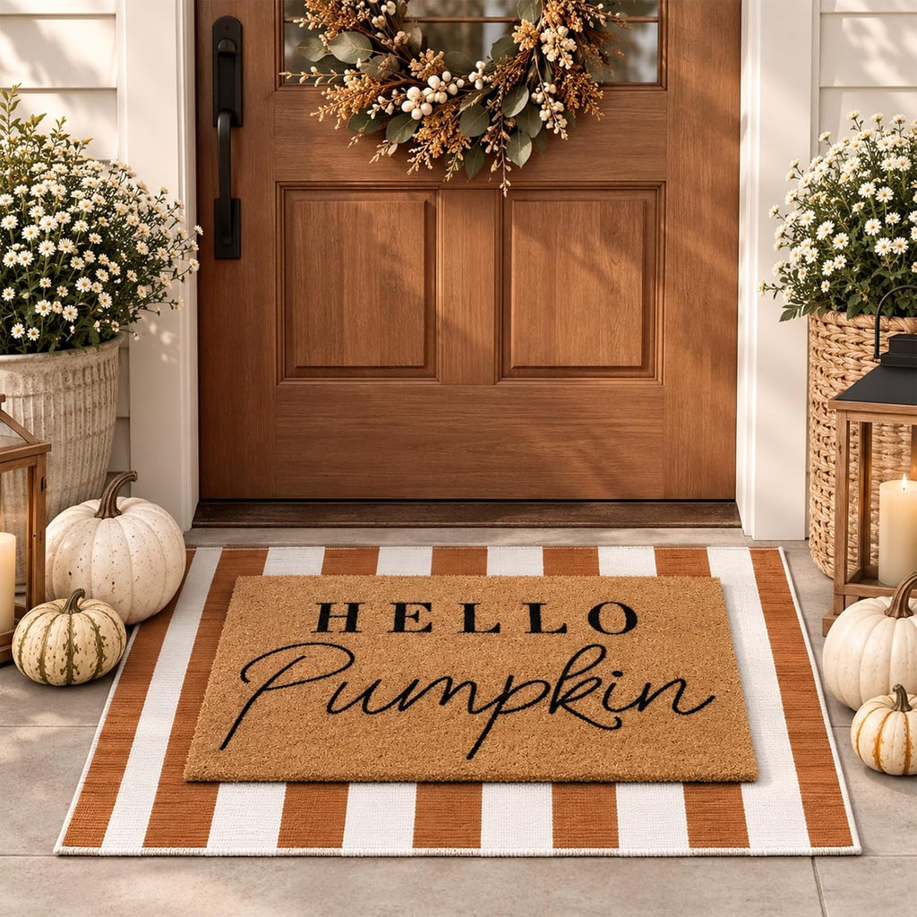 Hello Pumpkin Layered Doormat Set, White Orange - Set of 2