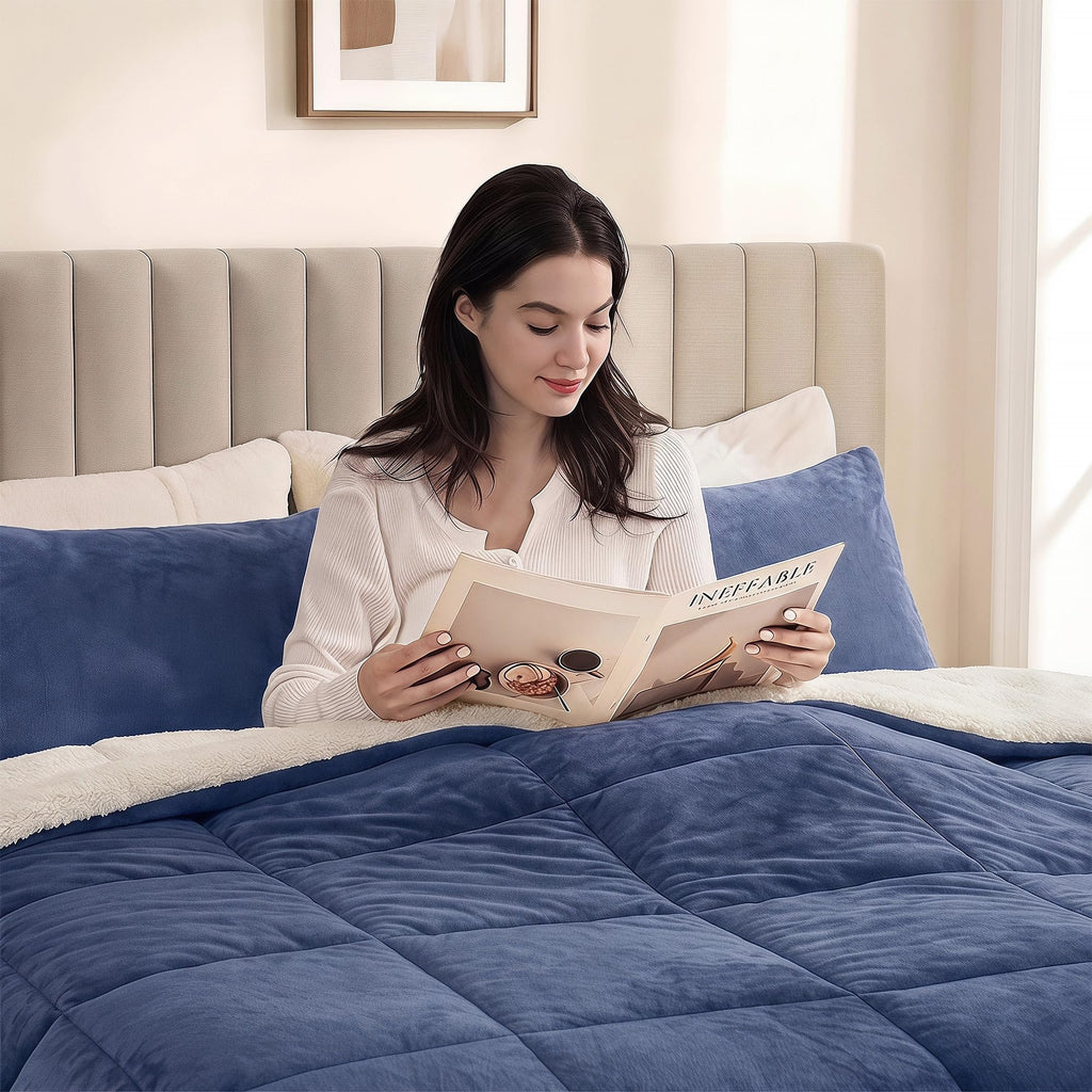 Fluffy Sherpa Comforter Set, Thick Bedding Set 3PC, Slate Blue