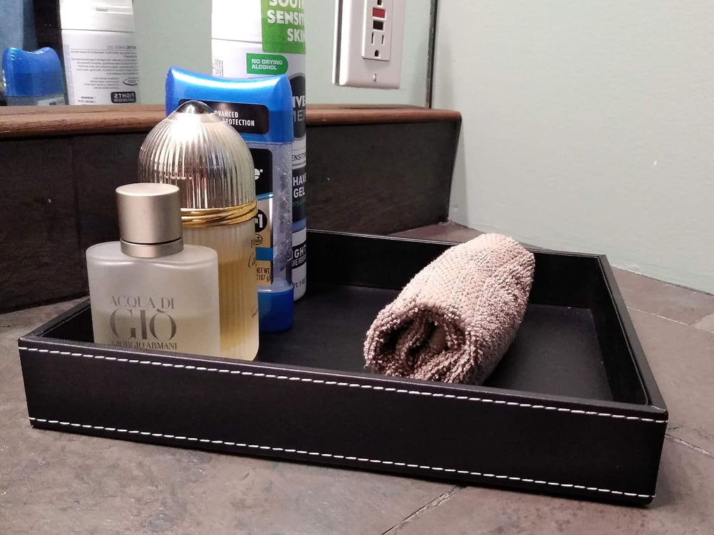 Valet Tray, Desk Tray, Key Bowl, Nightstand Organizer for Men, Black PU Leather, 10.3 x 8.3 x 1.6 inches