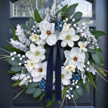 24 inch Winter Wreaths for Front Door, White Magnolias & Blue Ribbon