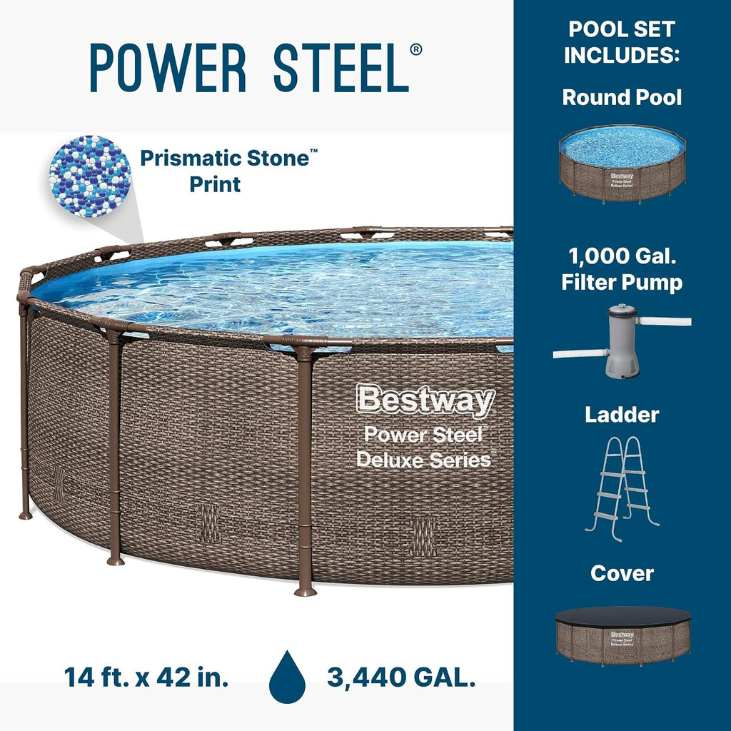 Power Steel 14' x 42" Above Ground Pool, Round Metal Frame Outdoor Swimming Pool Set with Filter Pump, Ladder, and