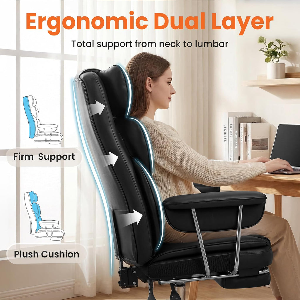 Big & Tall Leather Office Chair, High Back, Lumbar Support, Black | Gaming Chair for Adults and Computer Use