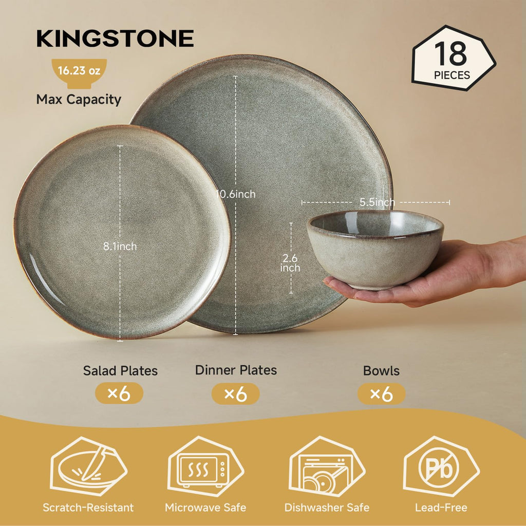 Stoneware Dinnerware Sets for 6, Reactive Glaze Plates and Bowls, Grey