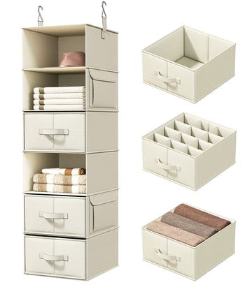 6-Shelf Hanging Closet Organizer with 3 Fabric Drawers, Beige