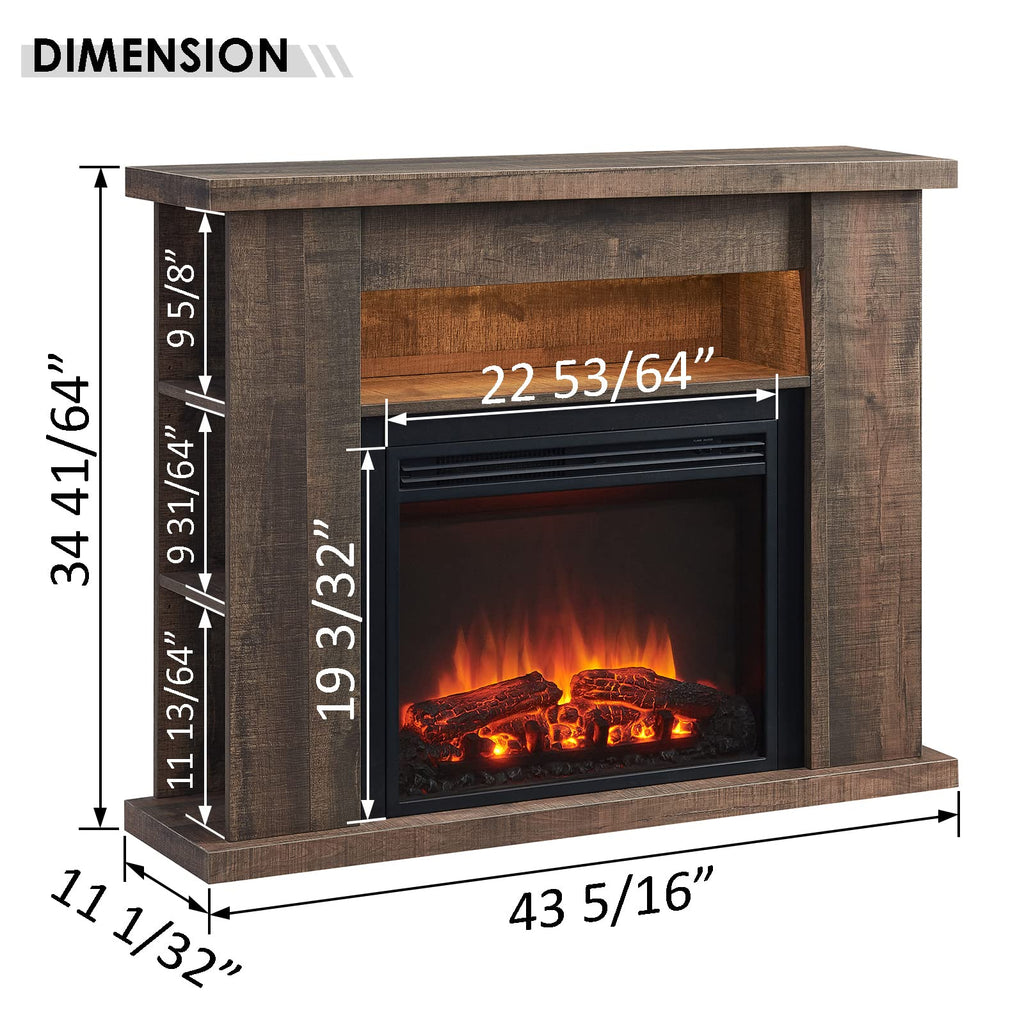 LegendFlame Barron Electric Fireplace with 43" Storage Shelf Mantel Surround and Jaden 23" Insert, Rustic Dark Oak