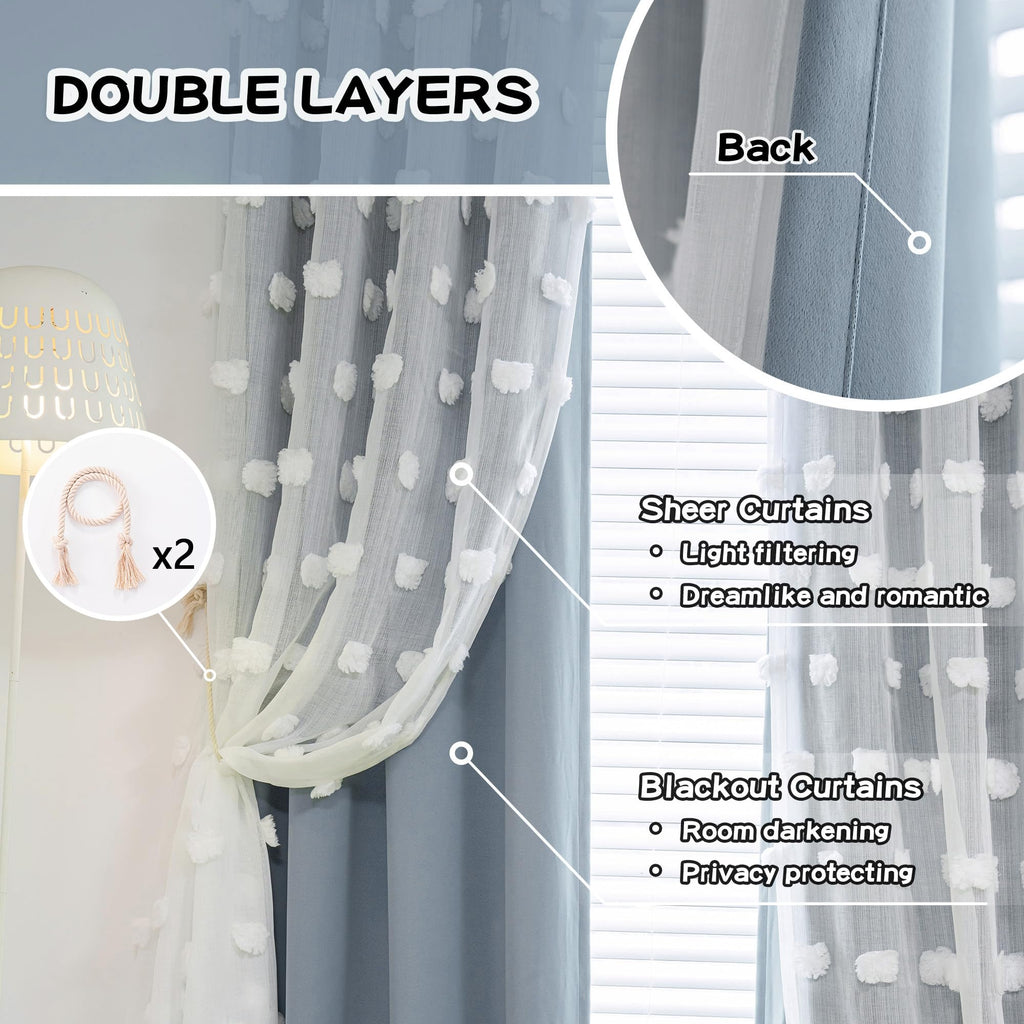 Room Darkening Curtains White Sheer Pom Pom Curtains Dusty Blue Blackout Curtains for Sliding Door Decor Drapes 2