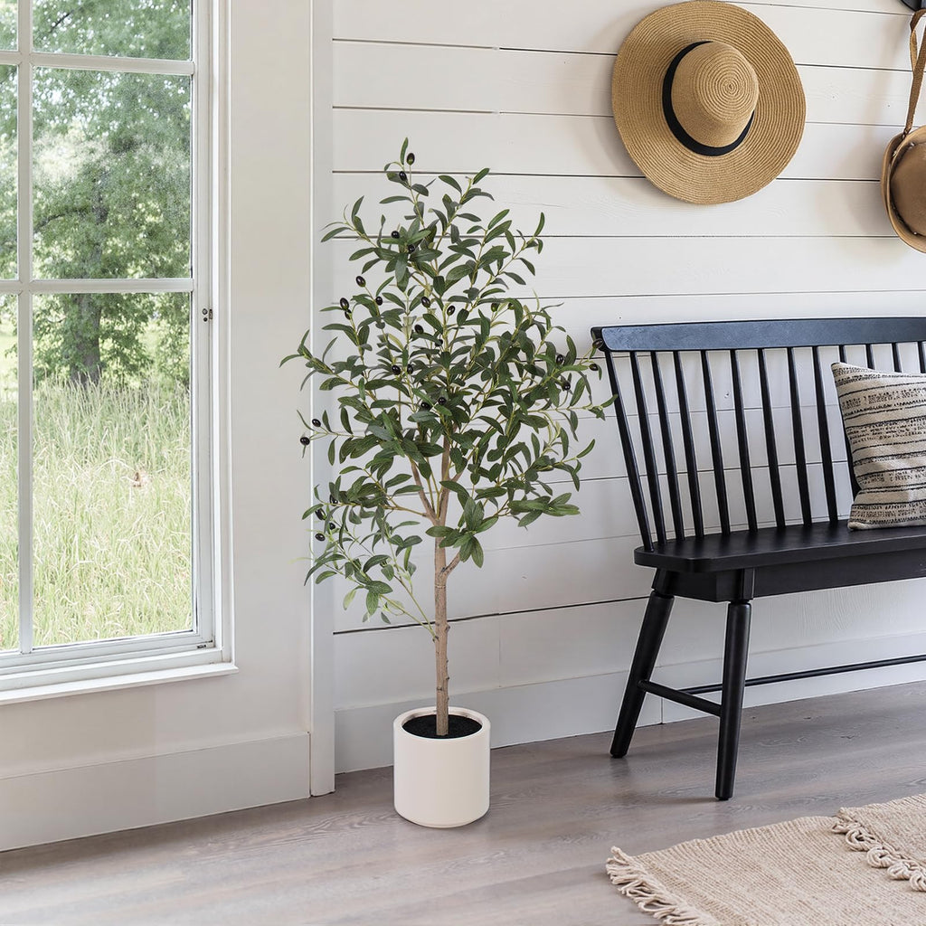 Olive Tree Artificial Indoor, 4ft Tall Silk Faux Olive Tree with White Planter, Artificial Plants with Natural Wood