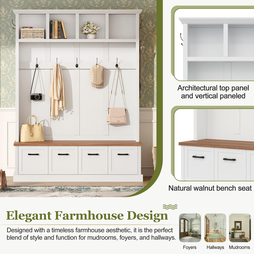 Farmhouse Hall Tree with Storage Bench, Mudroom Coat Rack with 6 Hooks, Modern All-in-One Entryway Organizer with