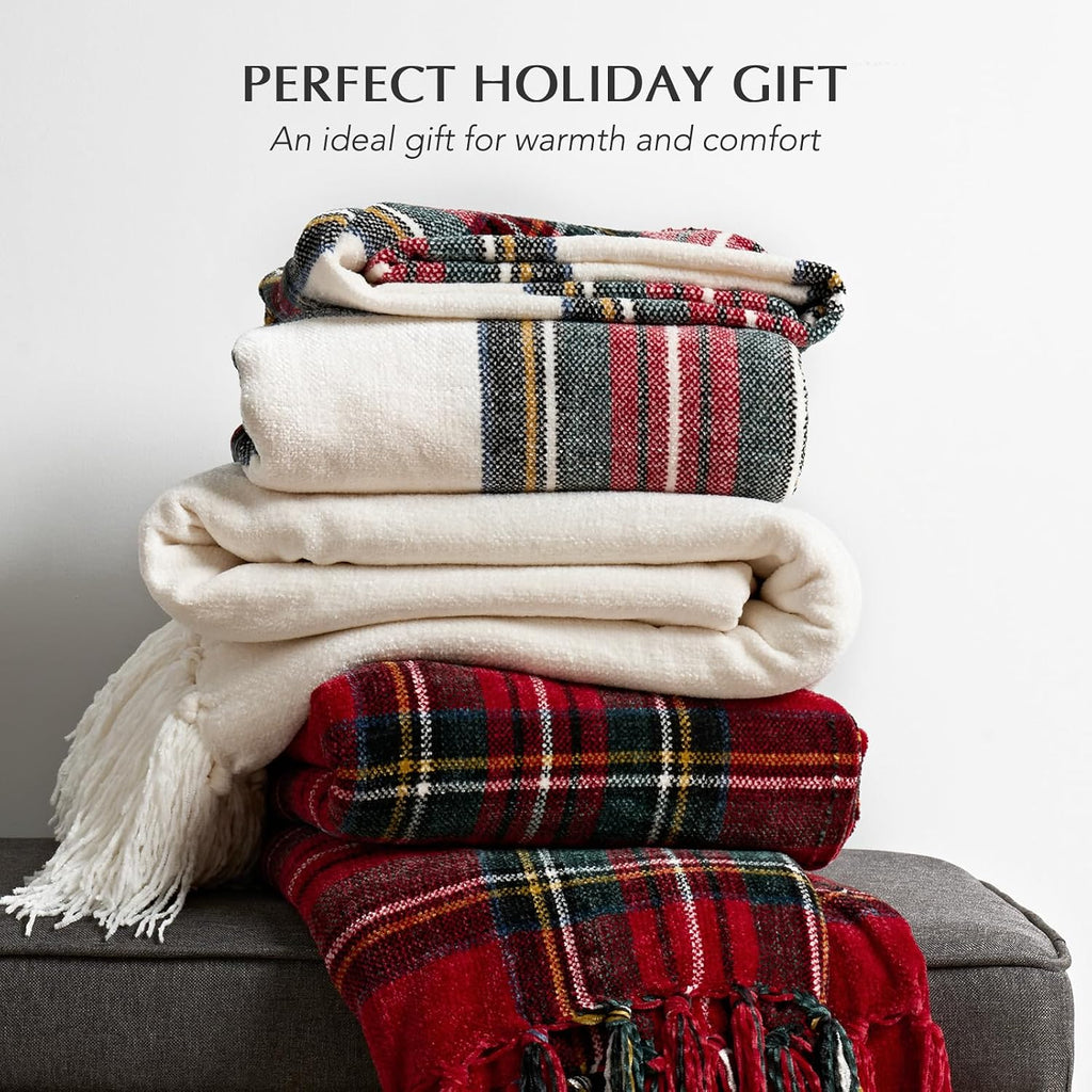 Chenille Christmas Throw Blanket, 50"x60", White Stewart Plaid