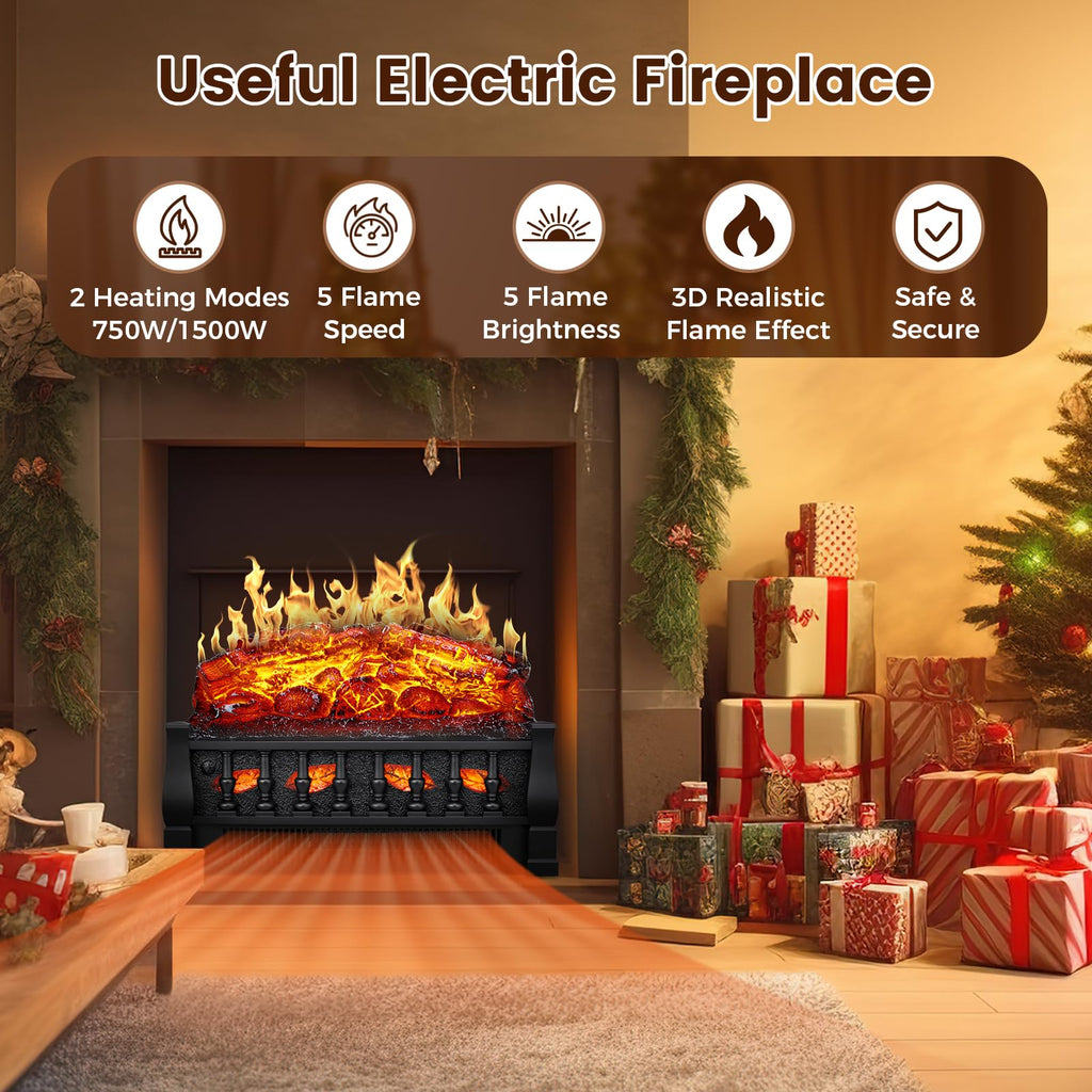 21 Inches Electric Fireplace Insert Log Heater Set, Freestanding Heater with Adjustable Flame Brightness and Flicker