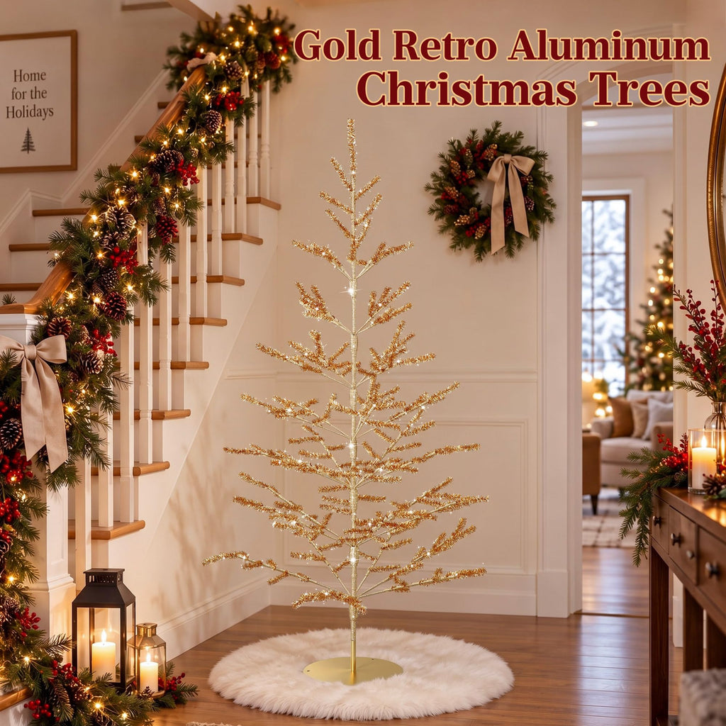 4ft Champagne Christmas Tree, Retro Aluminum Christmas Tree, Tinsel Trees