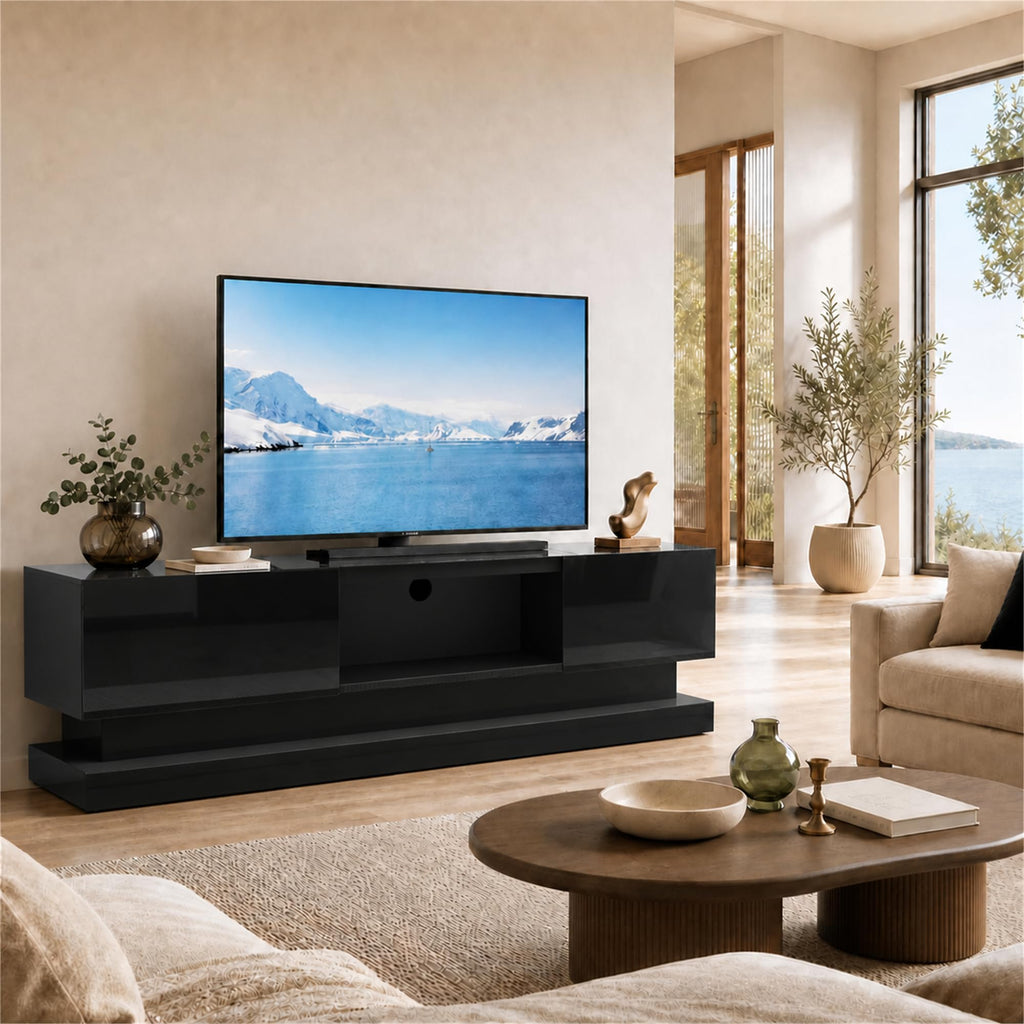 Modern Double-Layer TV Stands with Multi-Color LED Lights & Storage Drawers - High Gloss TV Entertainment Center