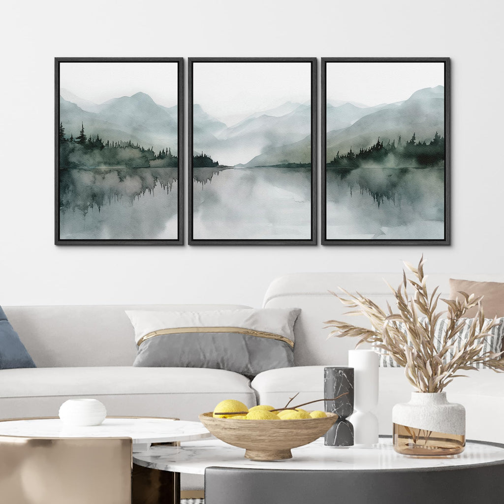 Framed Wall Art Print Set Misty Mountain Lake Watercolor Serene Illustrations Modern Art Boho Decorative Colorful