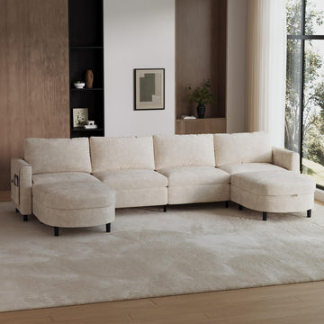 139" Beige White Sectional Couch U Shaped Sofa