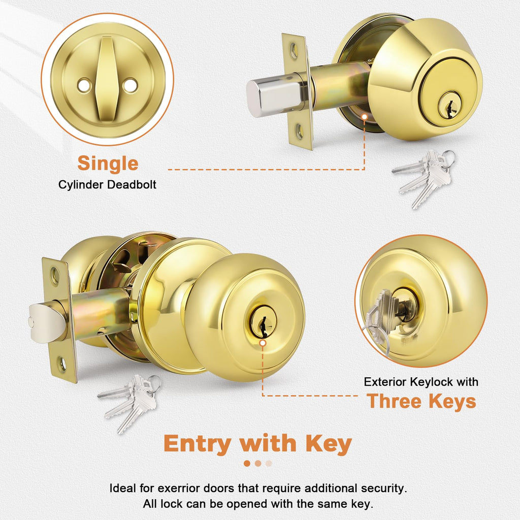Polished Brass Keyed Entry Door Knob and Single Cylinder Deadbolt Lock Combo Set, Keyed Alike, Set of 4