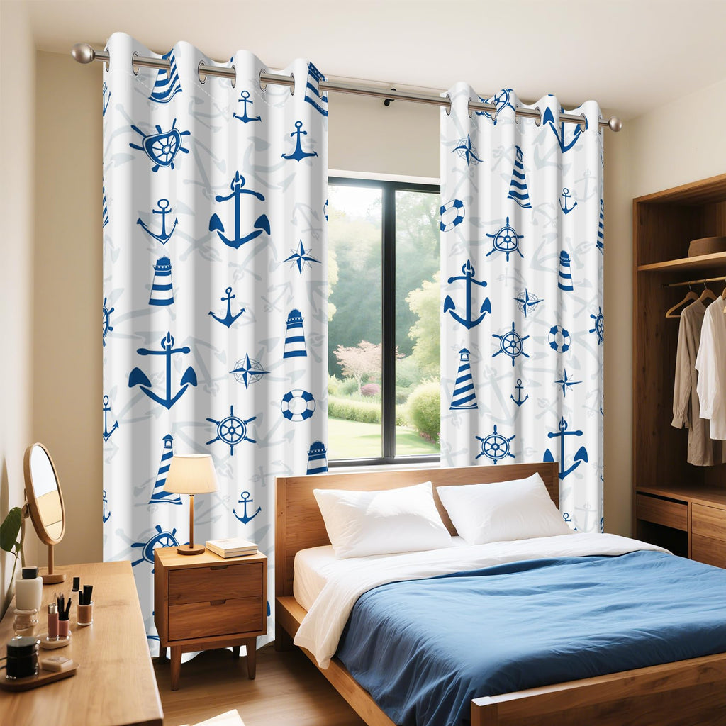 White Blue Nautical Curtains Marine Theme Anchor Compass Sailing Element Blackout Grommet Window Drapes for Adults