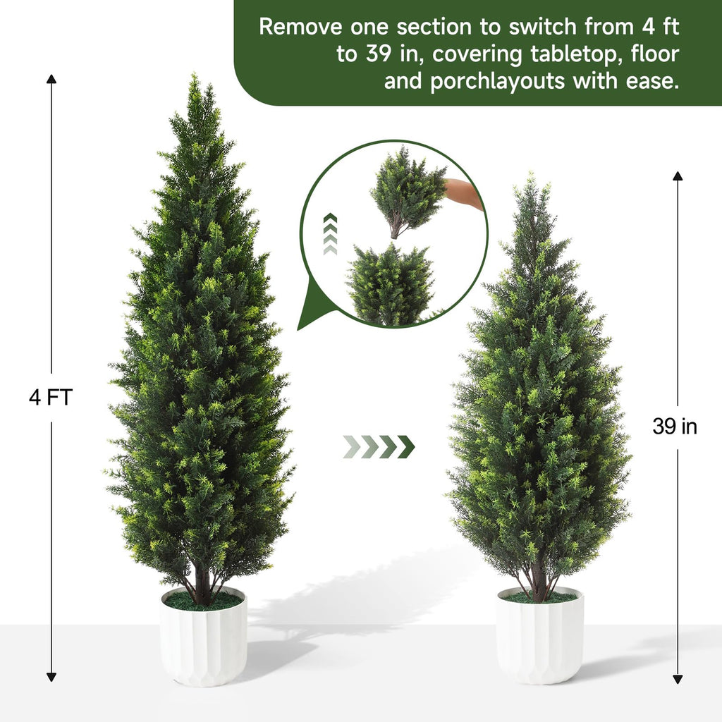 4FT Artificial Cedar Topiary Trees Set of 2 Detachable Planter & Spike, UV Resistant Outdoor and Indoor, Realistic Fake