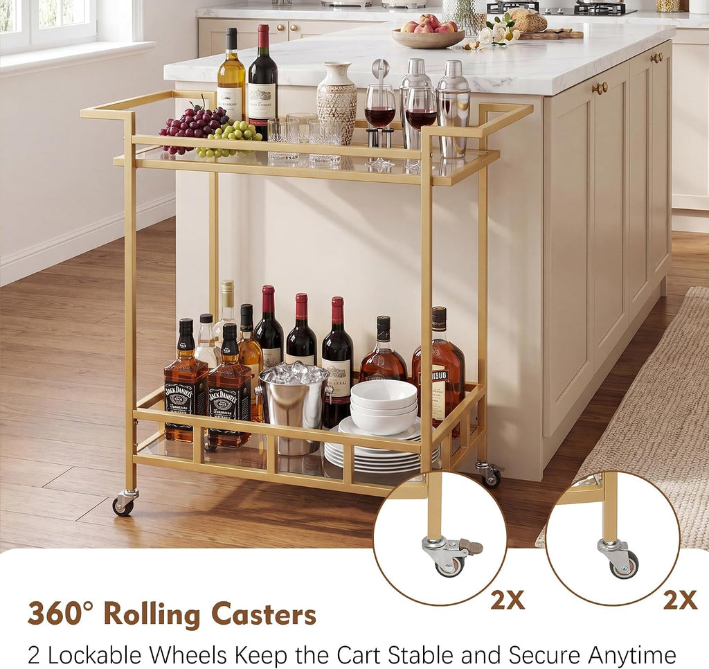 Gold Bar Carts for the Home, Bar Serving Cart with 2 Glass Shelves | Kitchen Beverage Cart / Liquor Cart for the