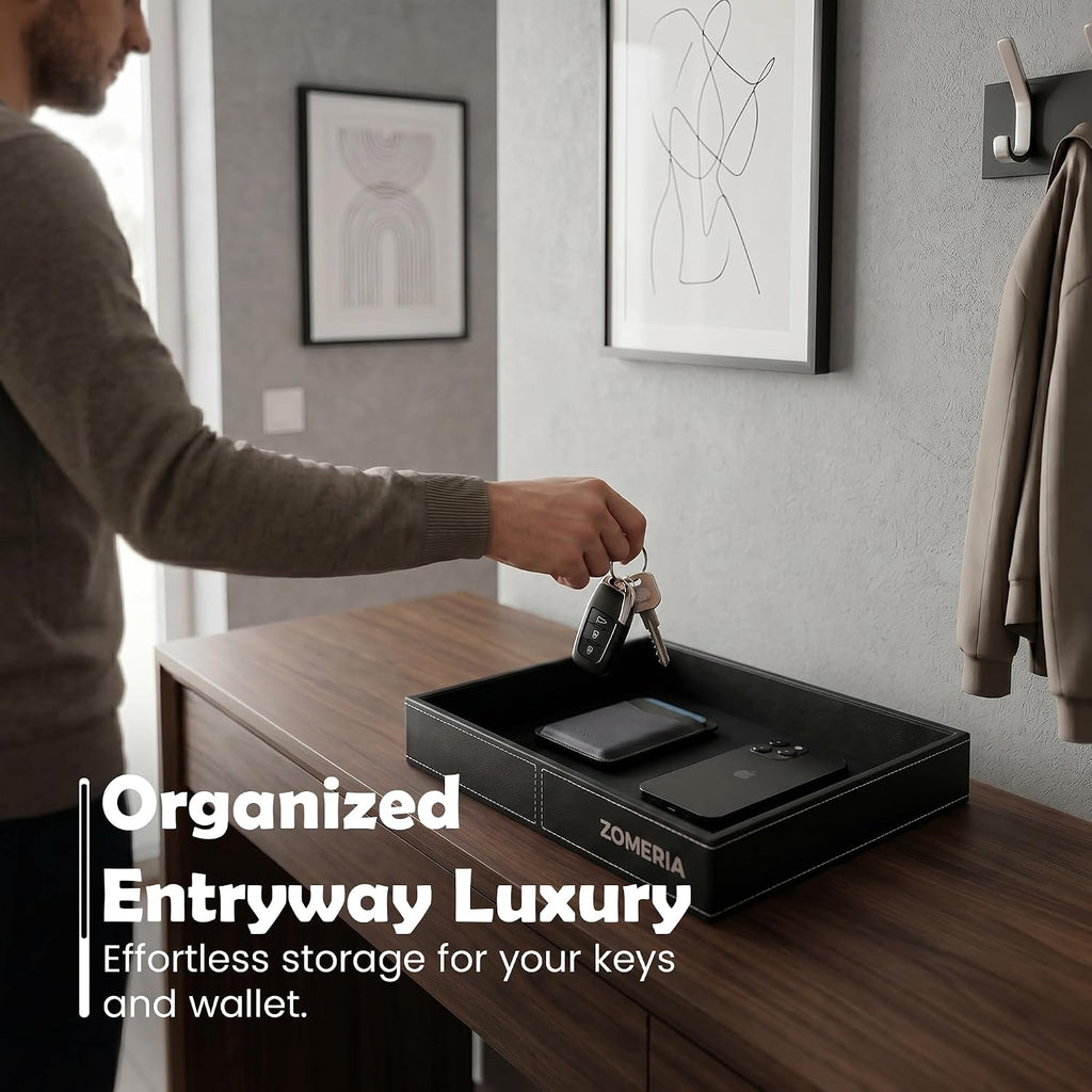 Valet Tray for Men - Premium Vegan Leather Nightstand Organizer and Catchall Tray for Wallet, Phone, Keys, Watch