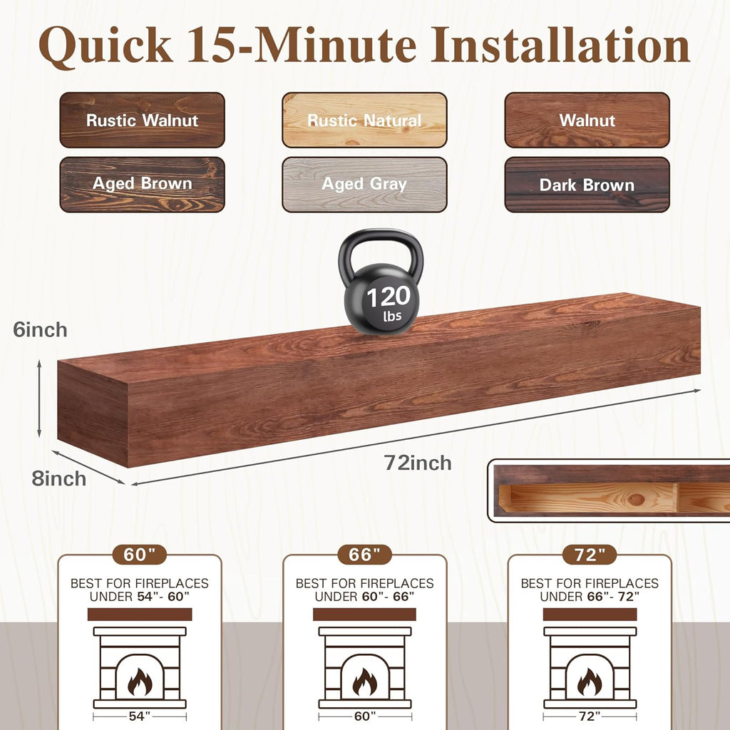 72 Inch Handcrafted Wood Mantles for Over Fireplace, Wall Mounted Shelf, Floating Mantel Shelf for Living Room Decor