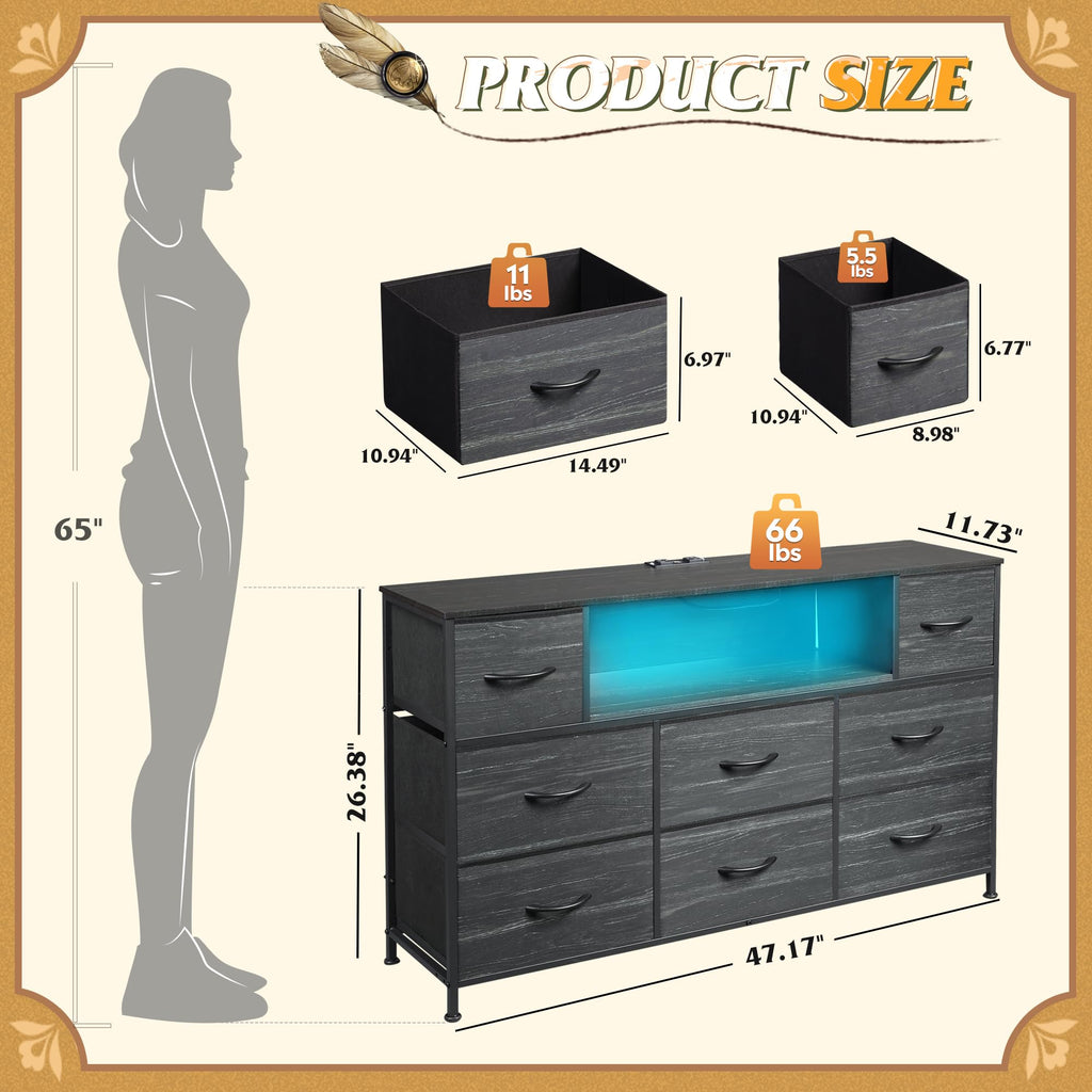 LED Dresser TV Stand for 55 Inch TV, 8 Fabric Drawers, Charcoal Black