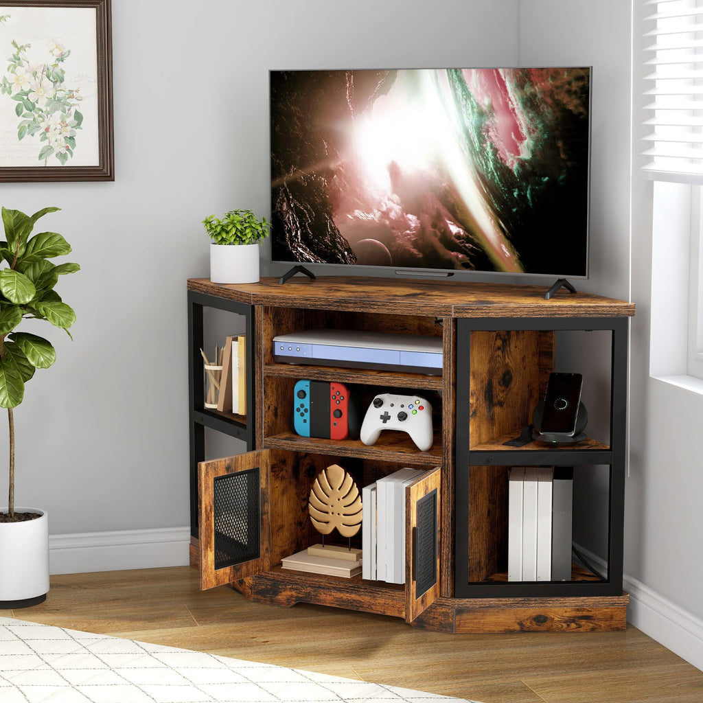 Farmhouse Corner TV Stand with Power Outlet, TV Console, Rustic Brown