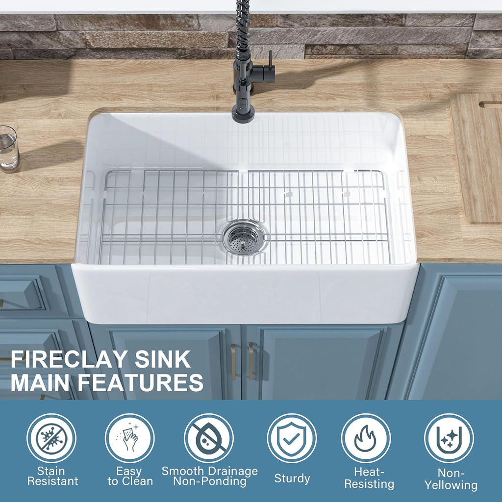 30" x 18" Fireclay Apron Front Farmhouse Sink White | Single bowl farm style, Easy to clean, Resistant to stains