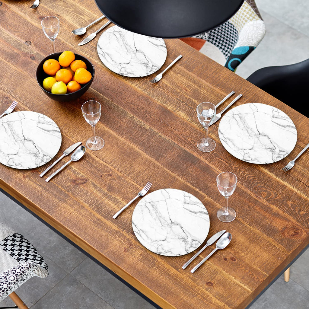 Round Leather Placemats Set of 4 PU Waterproof Non-Slip Washable Heat Resistant Place Mat Dining Table - Marble White