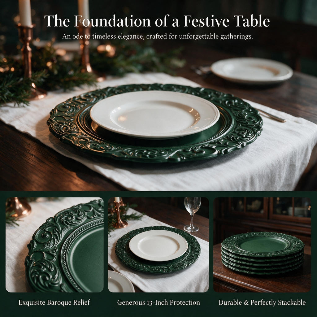 Antique Green Charger Plates, 13 Inch Plastic Plate Chargers for Dinner Plates, Wedding, Christmas, Thanksgiving.Set