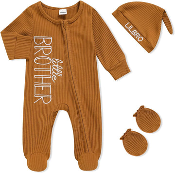 Baby Boy Outfits Zippered Romper Letter Embroidered Coming Home Jumpsuit with Hat Mittens