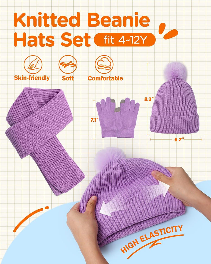 Kids Winter Hat Gloves Scarf Set Children Pompom Knit Beanie Warm Gloves with Thick Fleece for Boys Girls