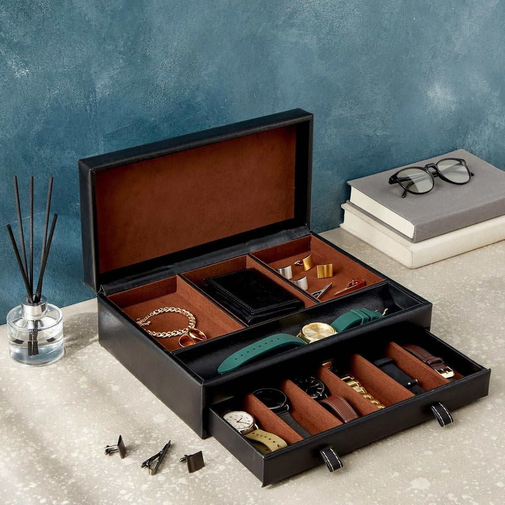 Jewelry Box Organizer and Holder - Black Watch Box with Leather Valet Tray Improvement - 12.6 x 9 x 4 In - Mens