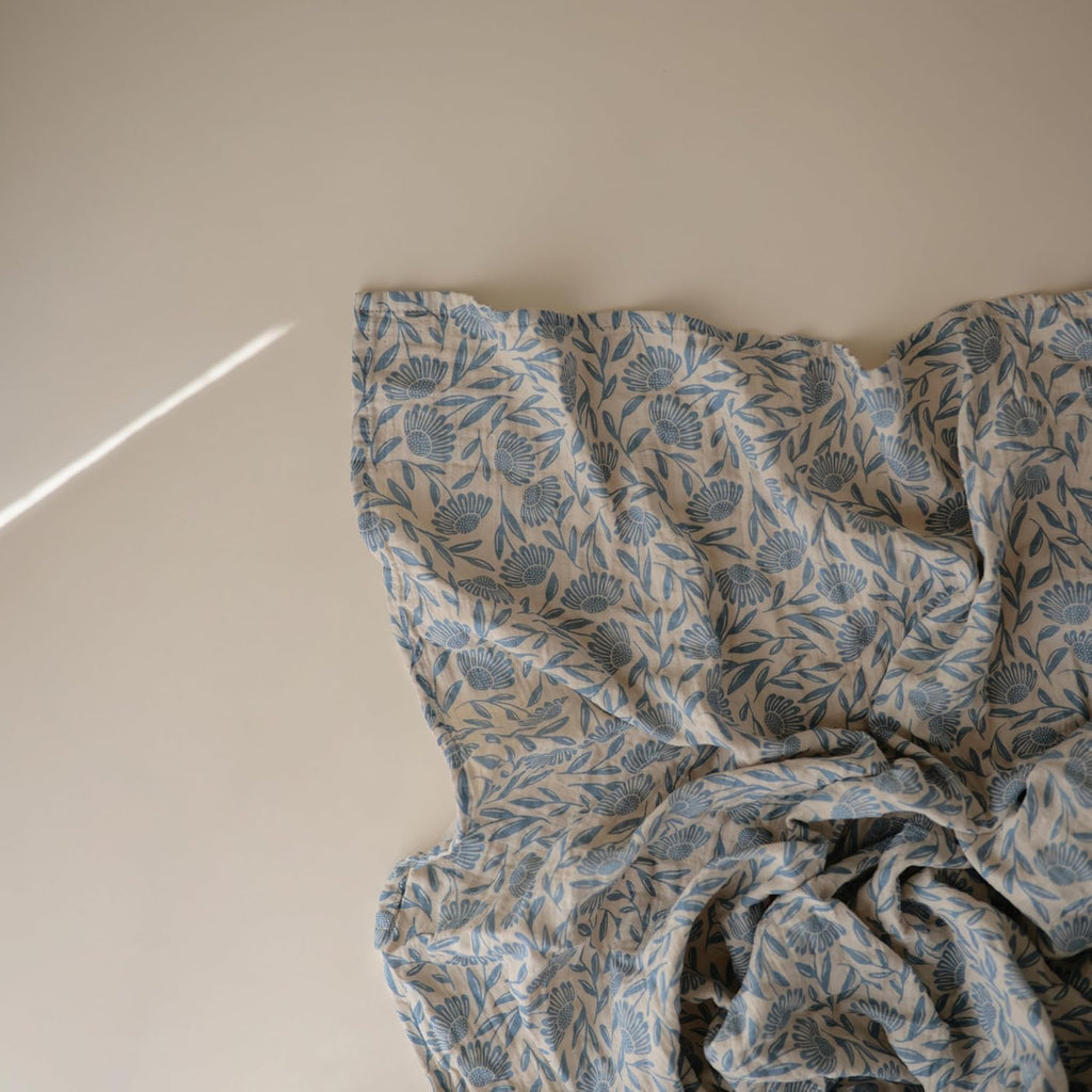 Muslin Baby Swaddle Blanket | 100% Organic Cotton (Blue Flowers)