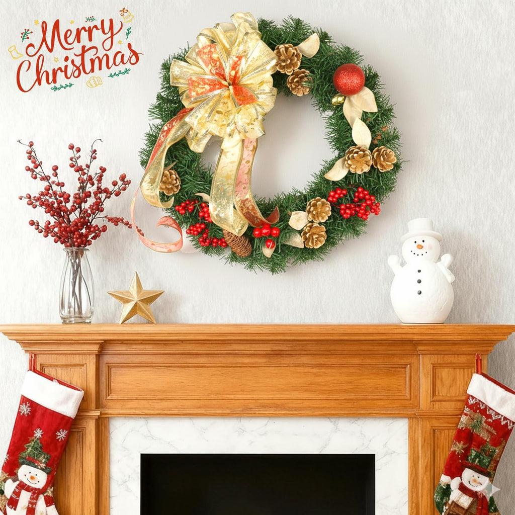 16 Inch Christmas Wreath with Lights,Large Red Bow and Colored Ballswith Battery Box,Warm White 30 LEDs Lights, Front