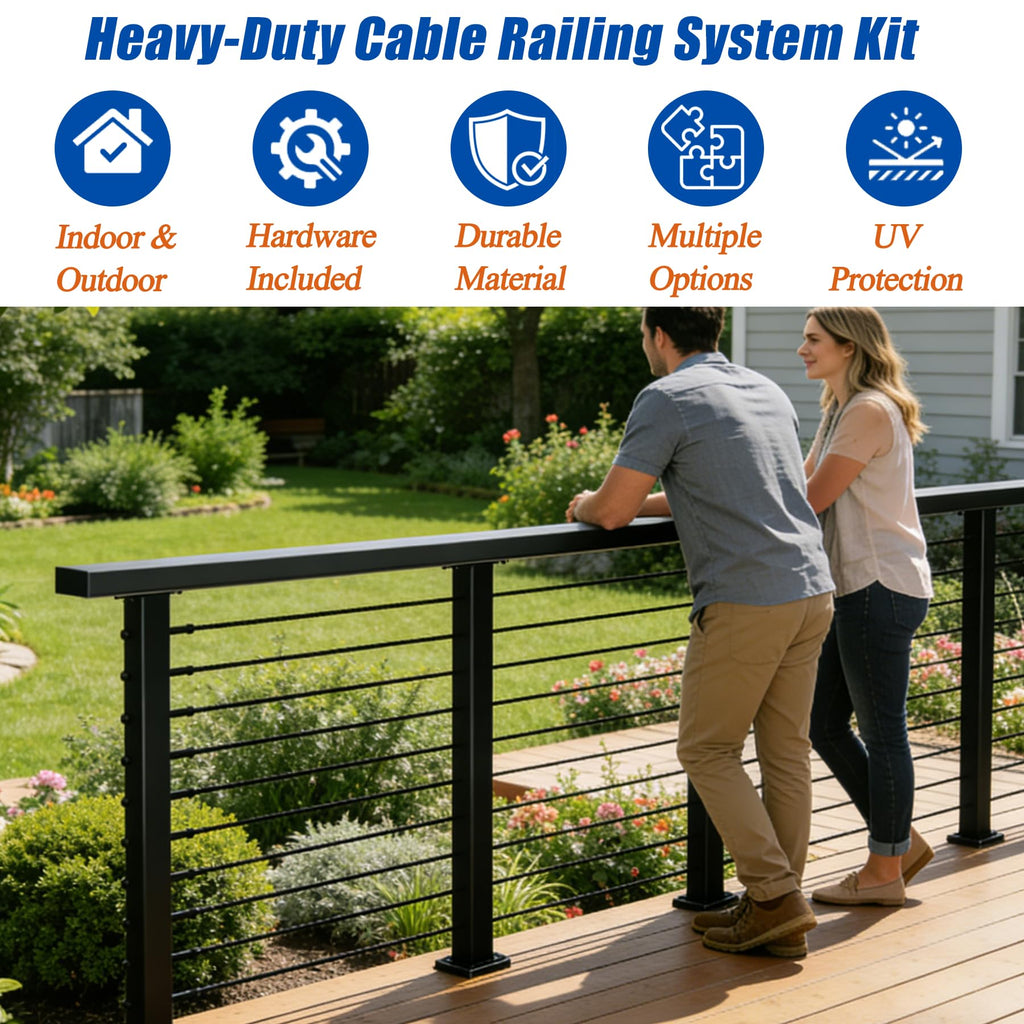 12-20 FT Black Cable Railing Post Kit with Handrail, 4 Pack 36" Level Posts