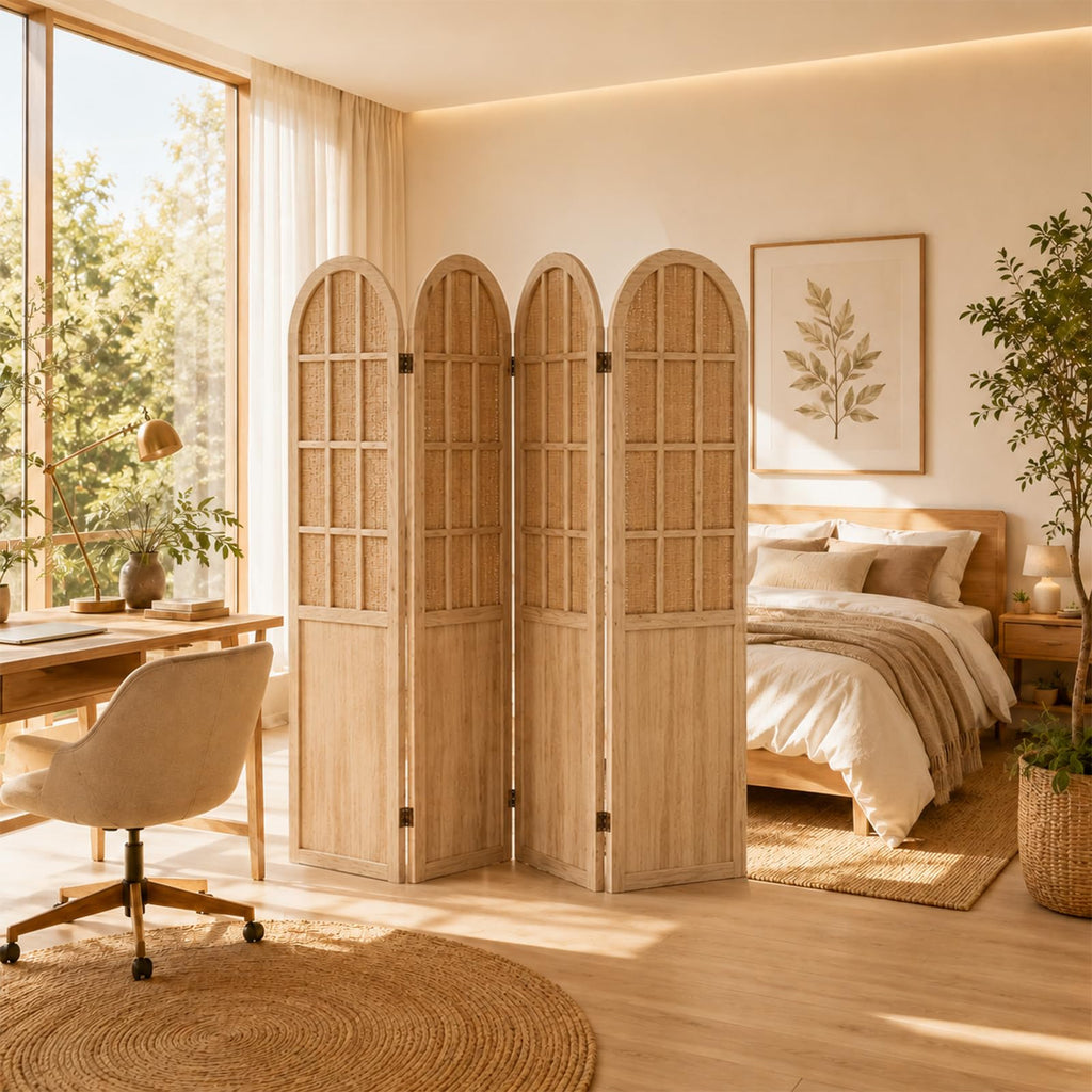4 Panel Room Divider Privacy Screen Bamboo Wood Light Brown