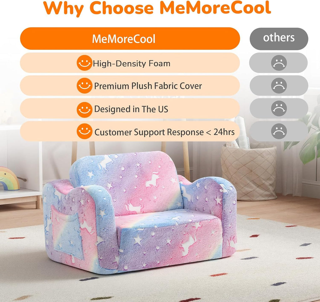 Kids Couch, Glow Dark Rainbow Unicorn Fold Out Plush Sofa, Girls
