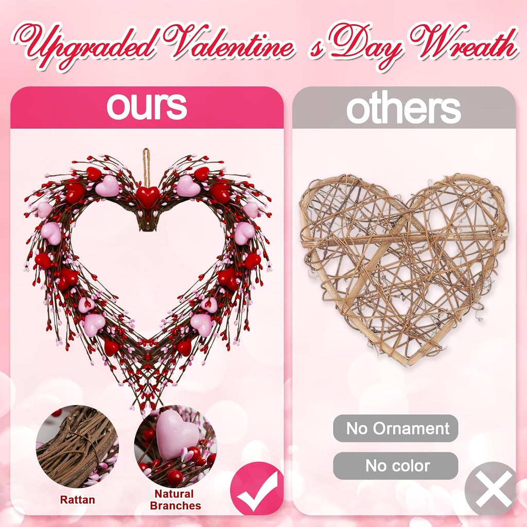 Valentines Day Wreath Decor,14 Inches Artificial Red Pink Berries and Small Pink Hearts,Valentines Wreaths for Front
